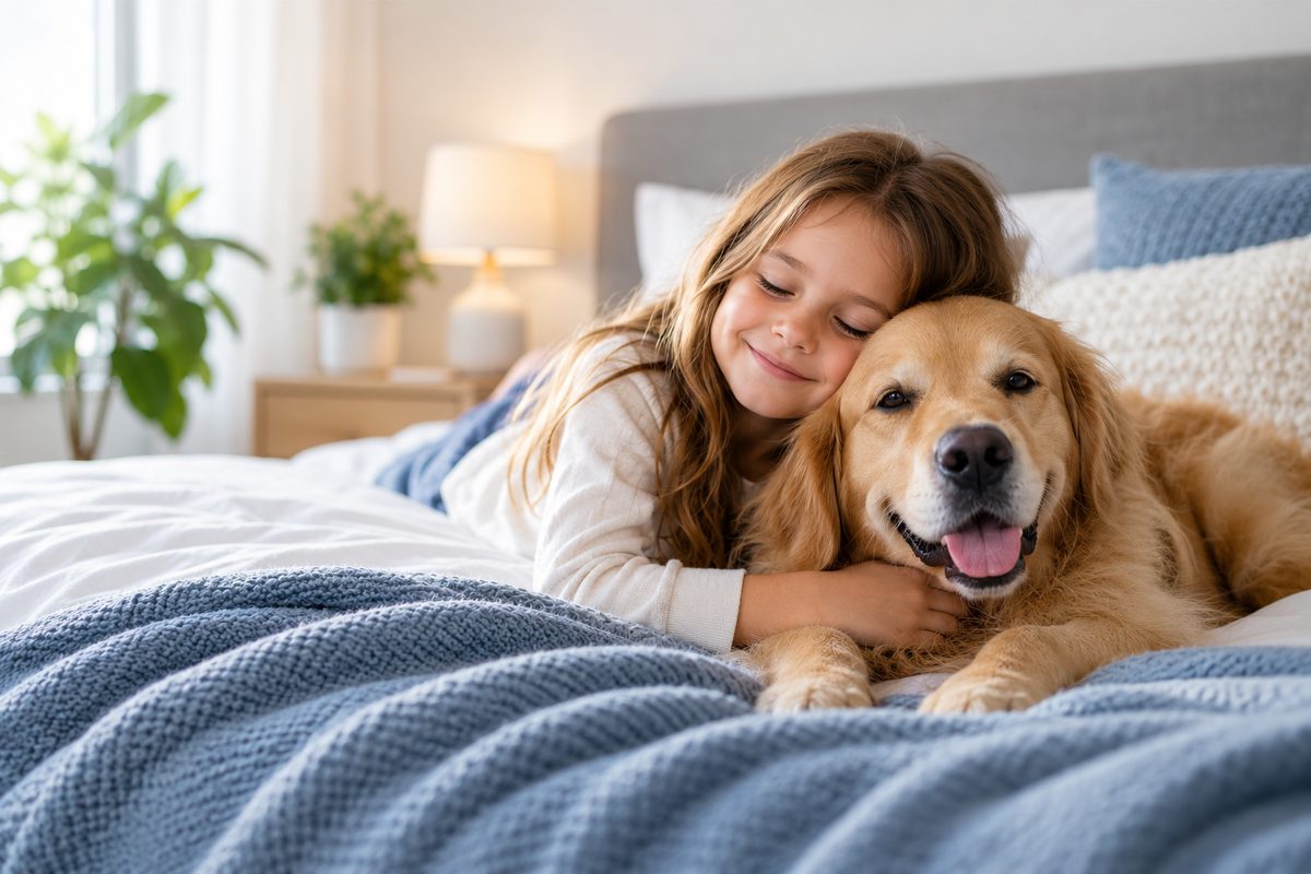 Girl hugging a golden retriever on a bed
