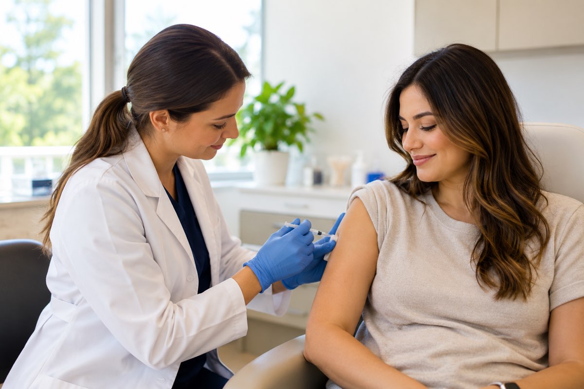 Clinician in gloves giving a patient an injection in the upper arm