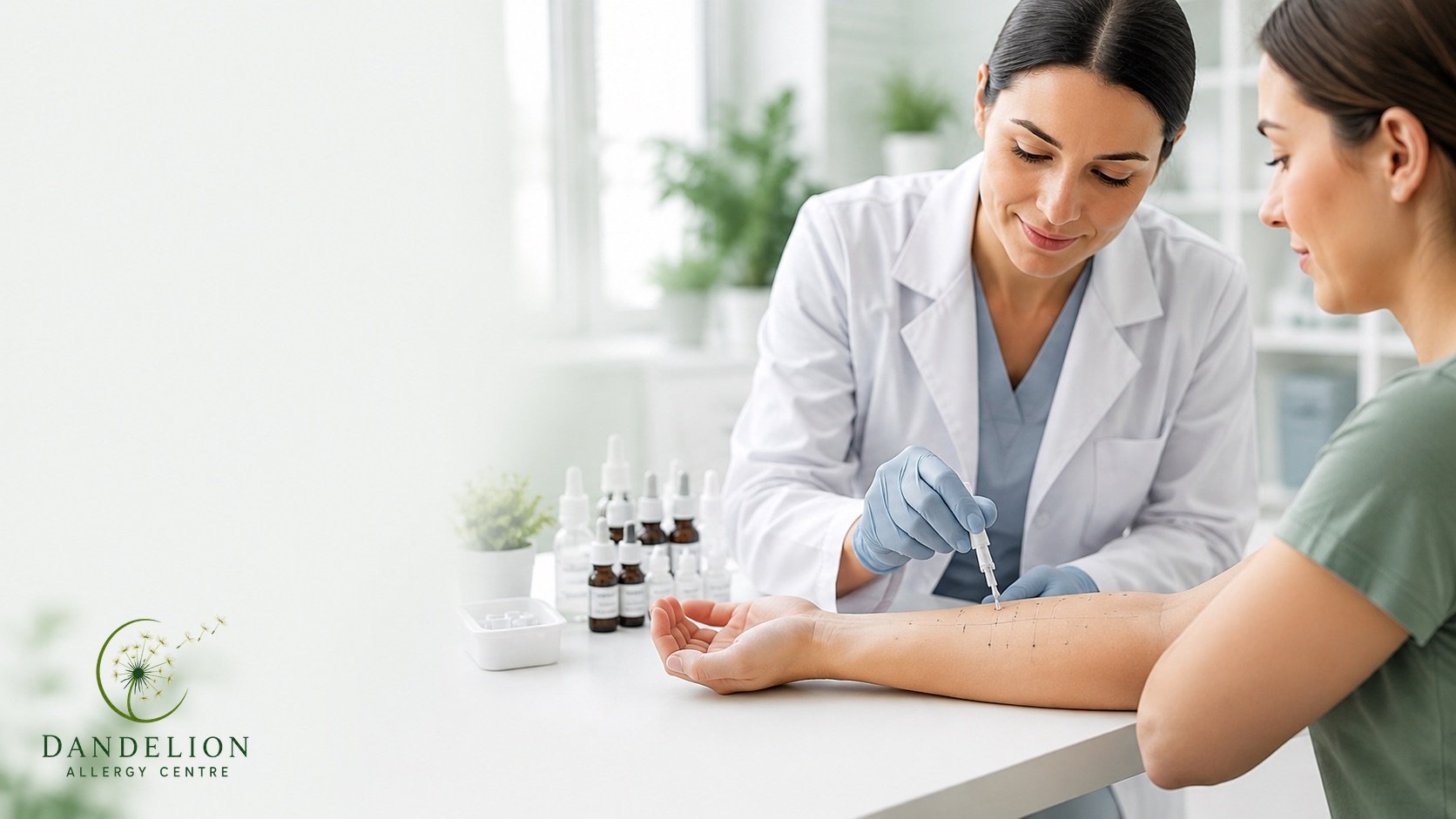 Allergist placing skin prick test drops on a patient's forearm