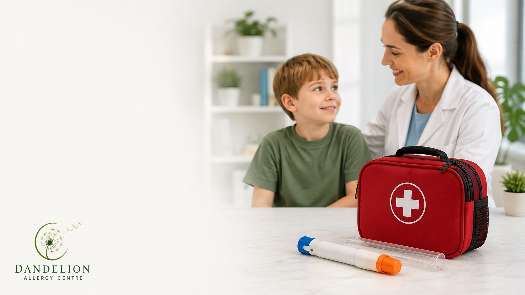 Allergy emergency kit with epinephrine auto-injectors on a table beside a child and physician
