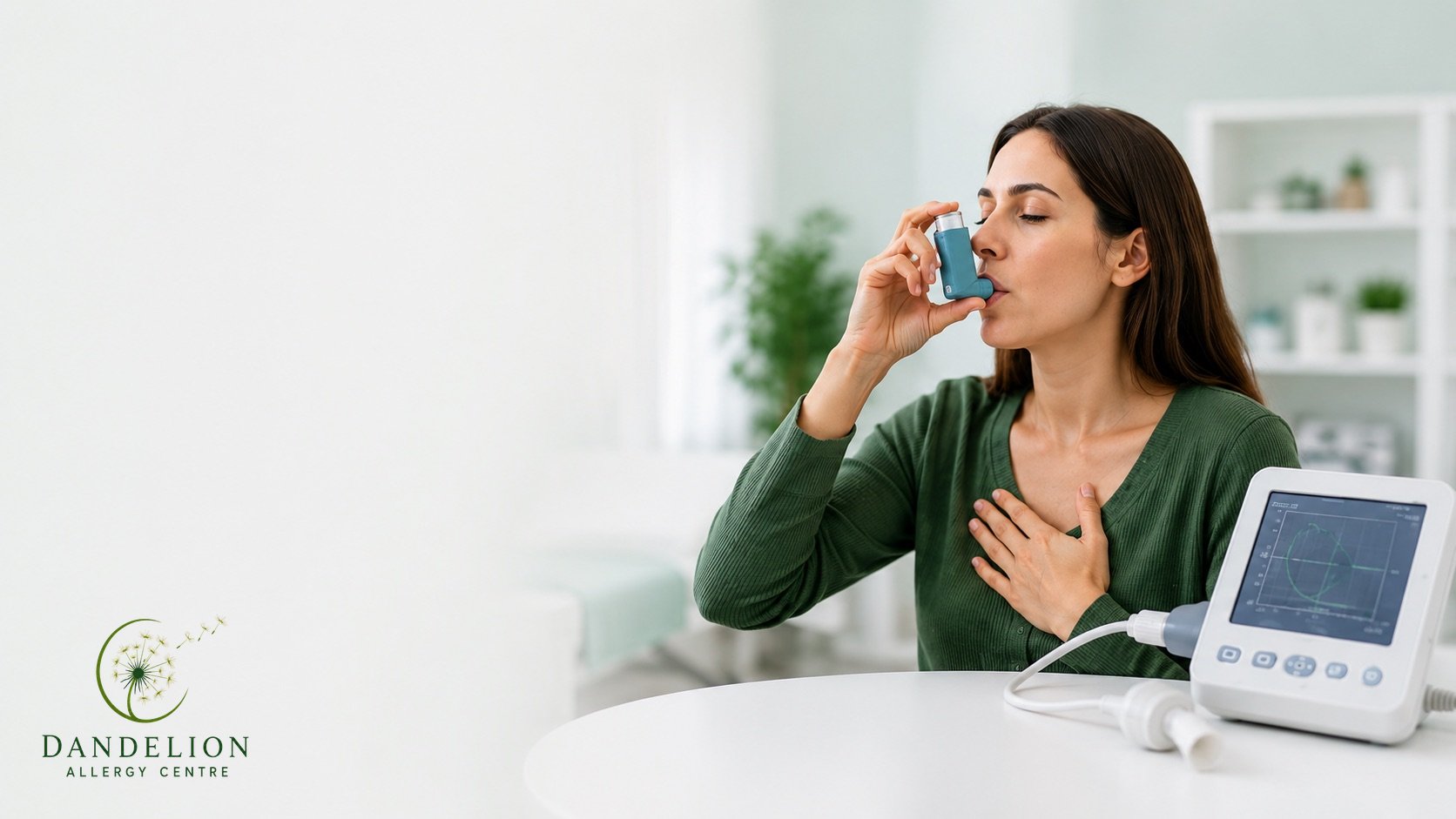 Patient using an inhaler beside a spirometer in a clinic room