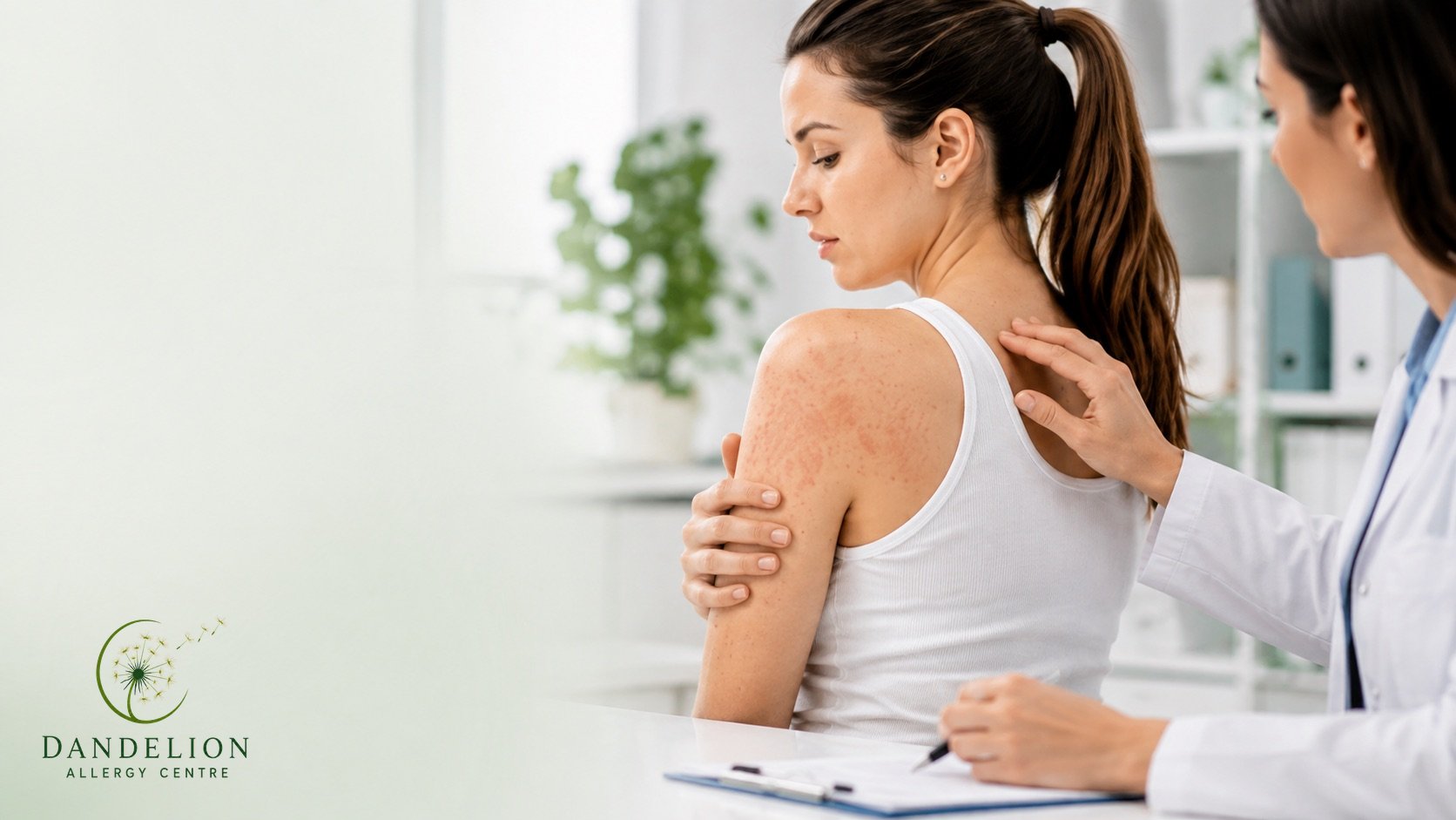 Allergist examining hives on a patient's shoulder and upper arm