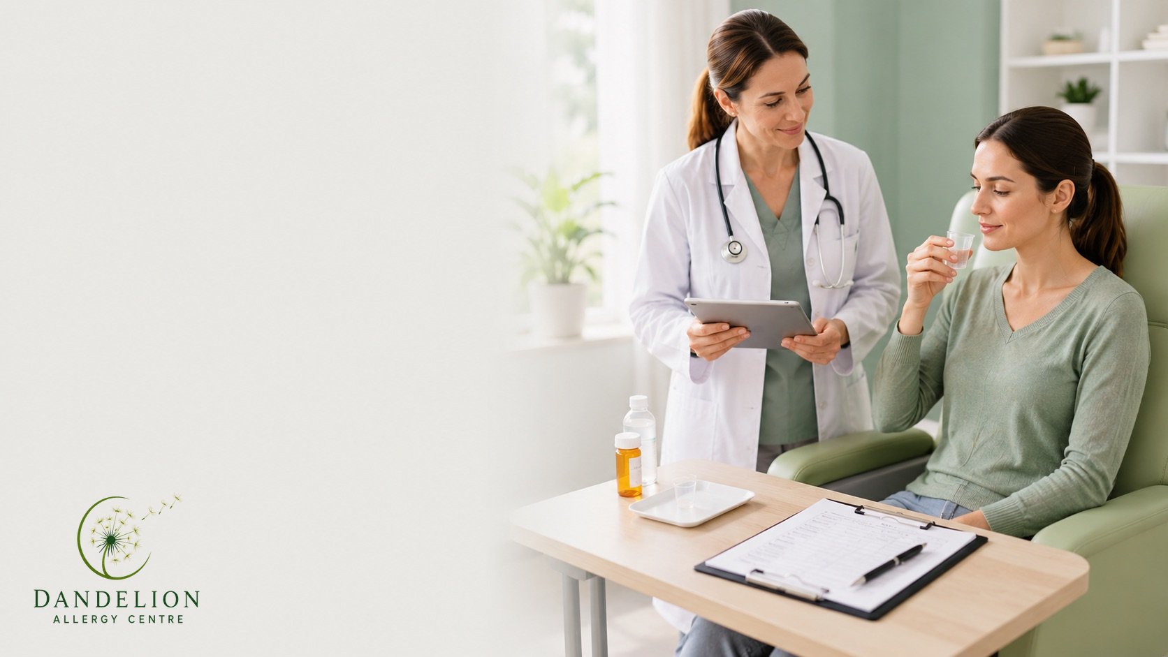 Patient taking a small supervised medication dose while a physician observes with a checklist