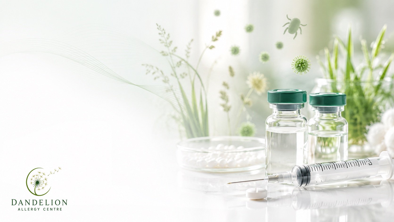 Immunotherapy vials, a syringe and sublingual tablets with pollen and dust mite illustrations