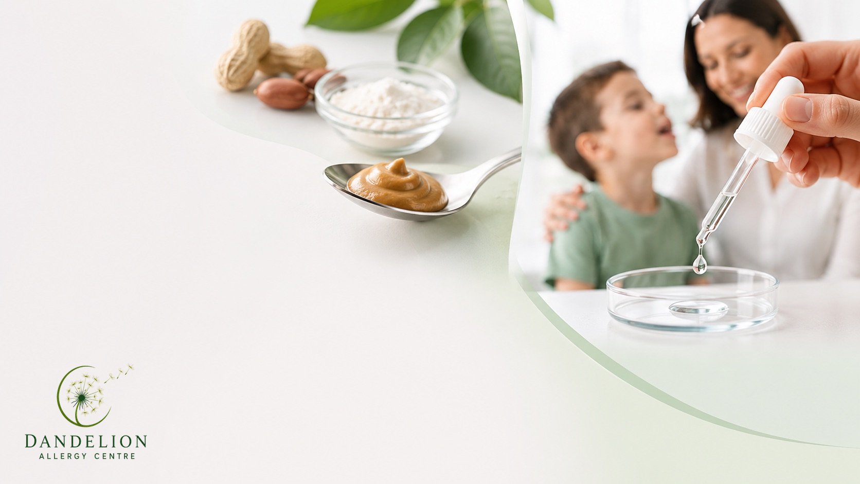 Peanut butter on a spoon beside a dropper preparing a measured immunotherapy dose for a child