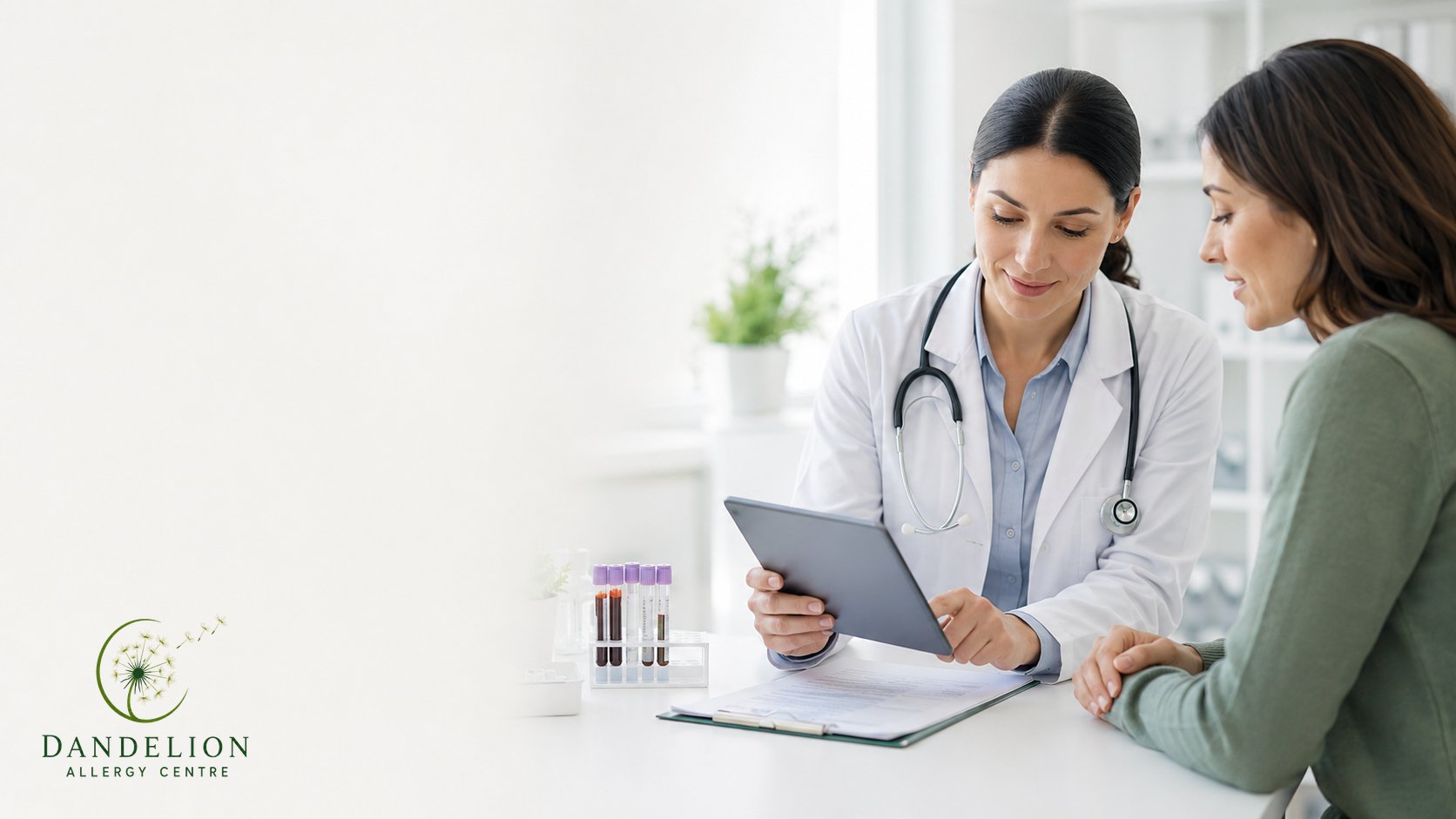 Physician reviewing blood test results on a tablet with a patient, blood sample tubes on the desk