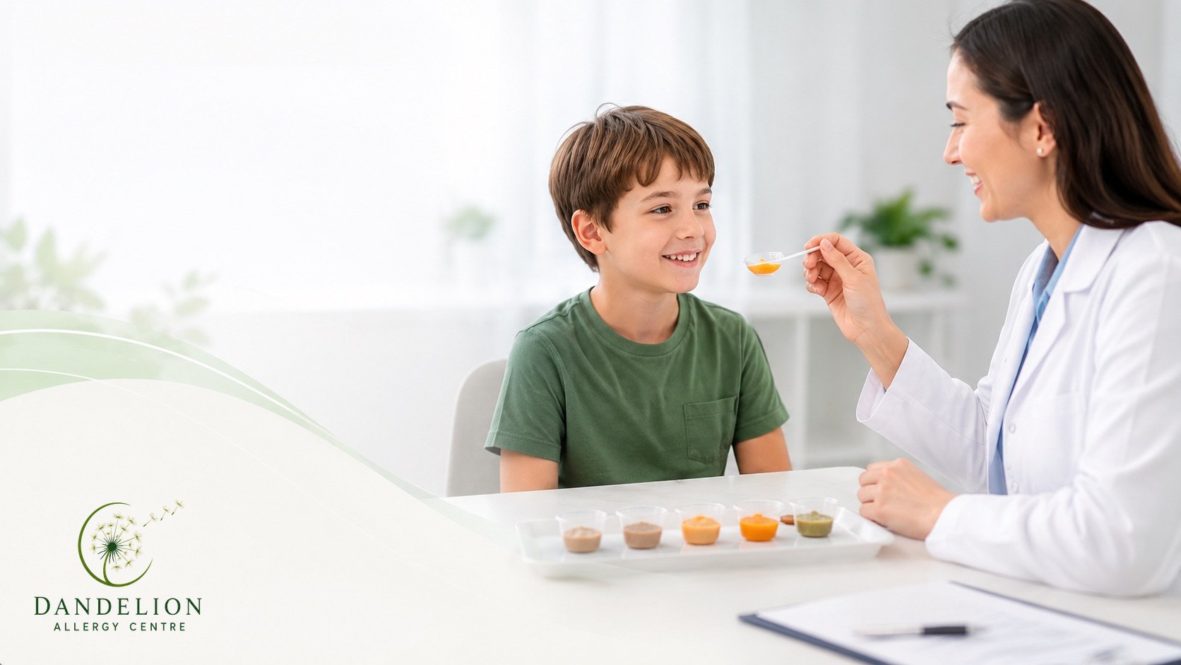 Allergist giving a child a small measured food portion from a tray during a supervised food challenge