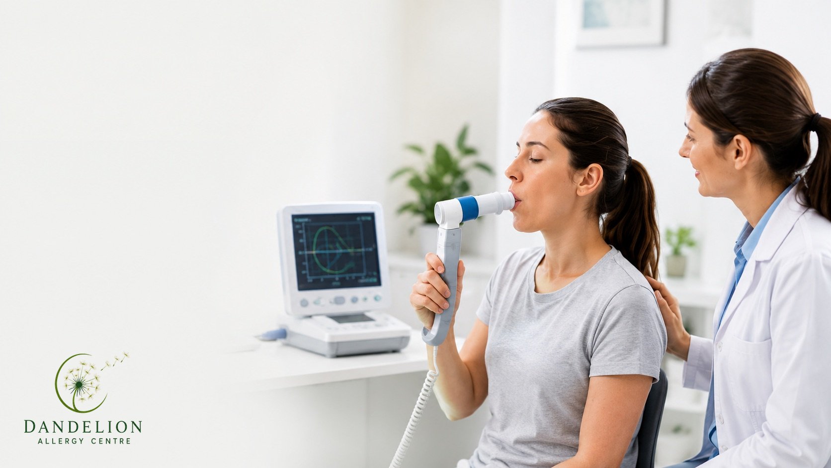 Patient blowing into a spirometer while a clinician coaches them