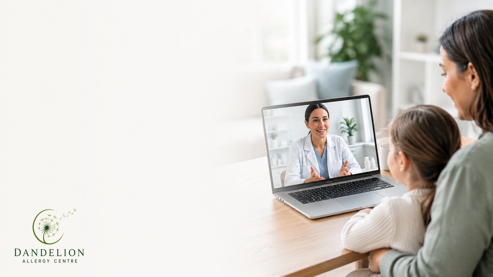 Parent and child on a secure video call with an allergist on a laptop at home